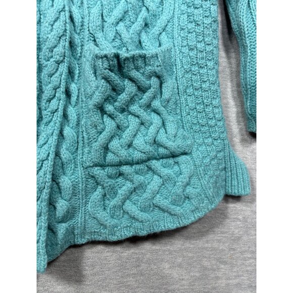 Aran Crafts Womens Sweater M Teal Cable Knit 100% Merino Wool Cardigan - Picture 4 of 5
